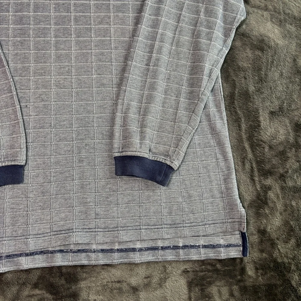 Murano Mens XL Long Sleeve Polo Rugby Shirt Navy Blue Grid Windowpane 100 Cotton